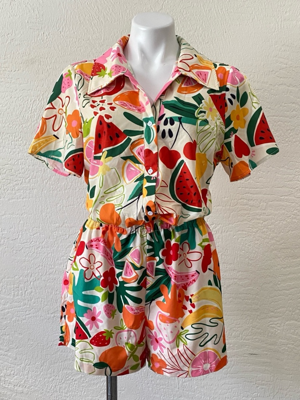 Tropical Fruit Print Short Set - Multicolor - cropped top XL / shorts L -
Summer
